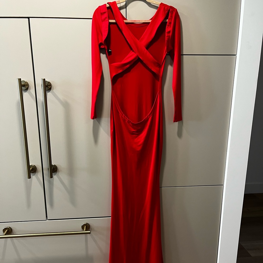 Red maxi backless dress